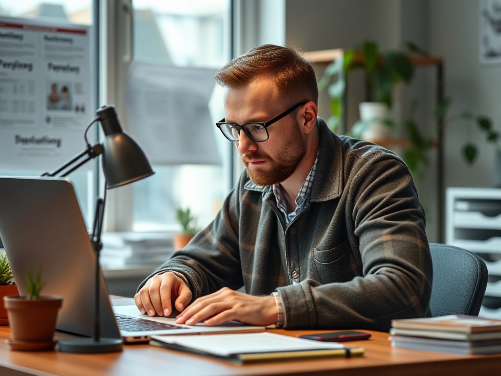 Мужчина с бородой и очками работает за ноутбуком в уютном офисе с растениями и документами на столе.