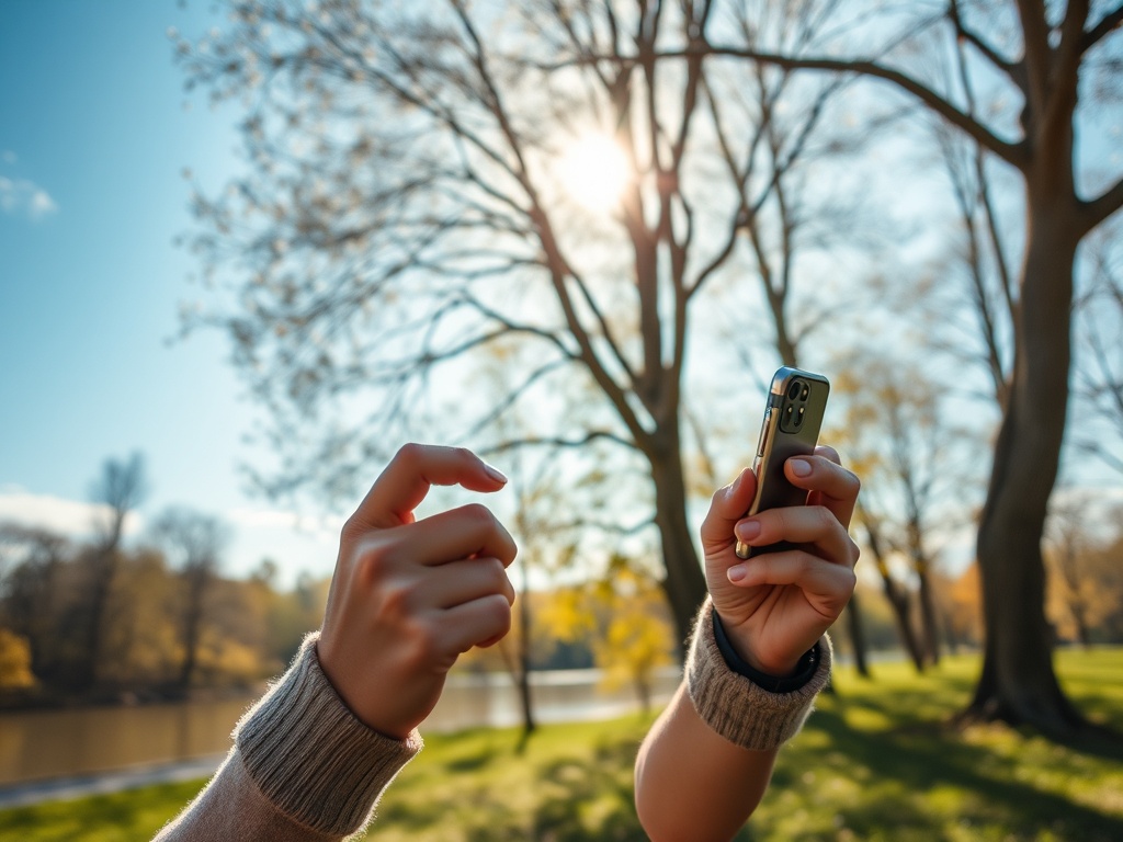 Две руки держат смартфон на фоне солнечного дня и деревьев в парке.