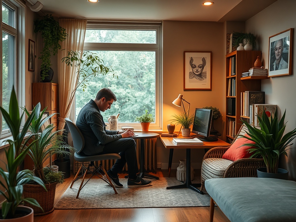 Мужчина работает за столом в уютной комнате с растениями и уютным освещением у окна.