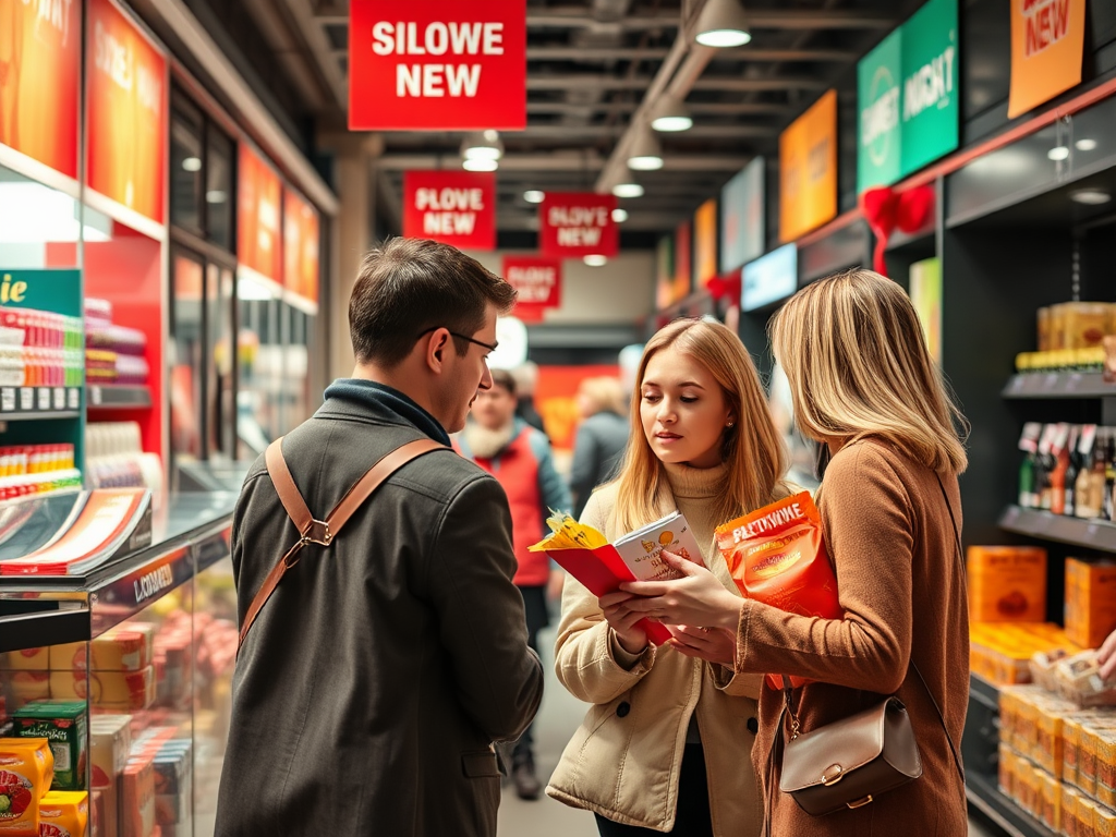 Трое людей обсуждают продукты в магазине, окружают яркие вывески с надписью «НОВИНКИ».