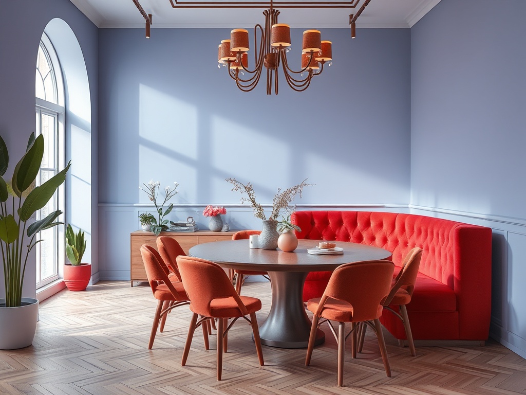 Современный интерьер столовой с красным диваном и деревянным столом, обрамленный светлыми стенами.