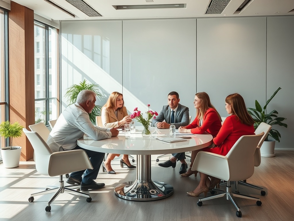 Четыре человека обсуждают идеи за круглым столом в современном офисе с большими окнами и растениями.