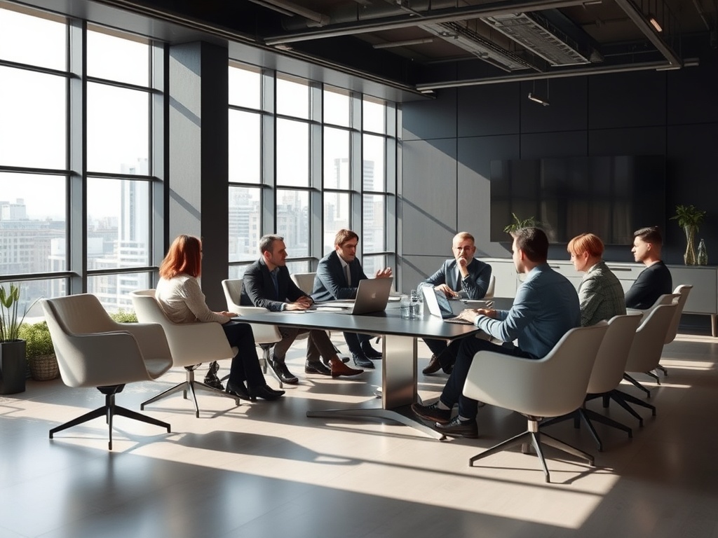 На совещании в светлом офисе среди участников обсуждается проект с использованием ноутбуков и документации.